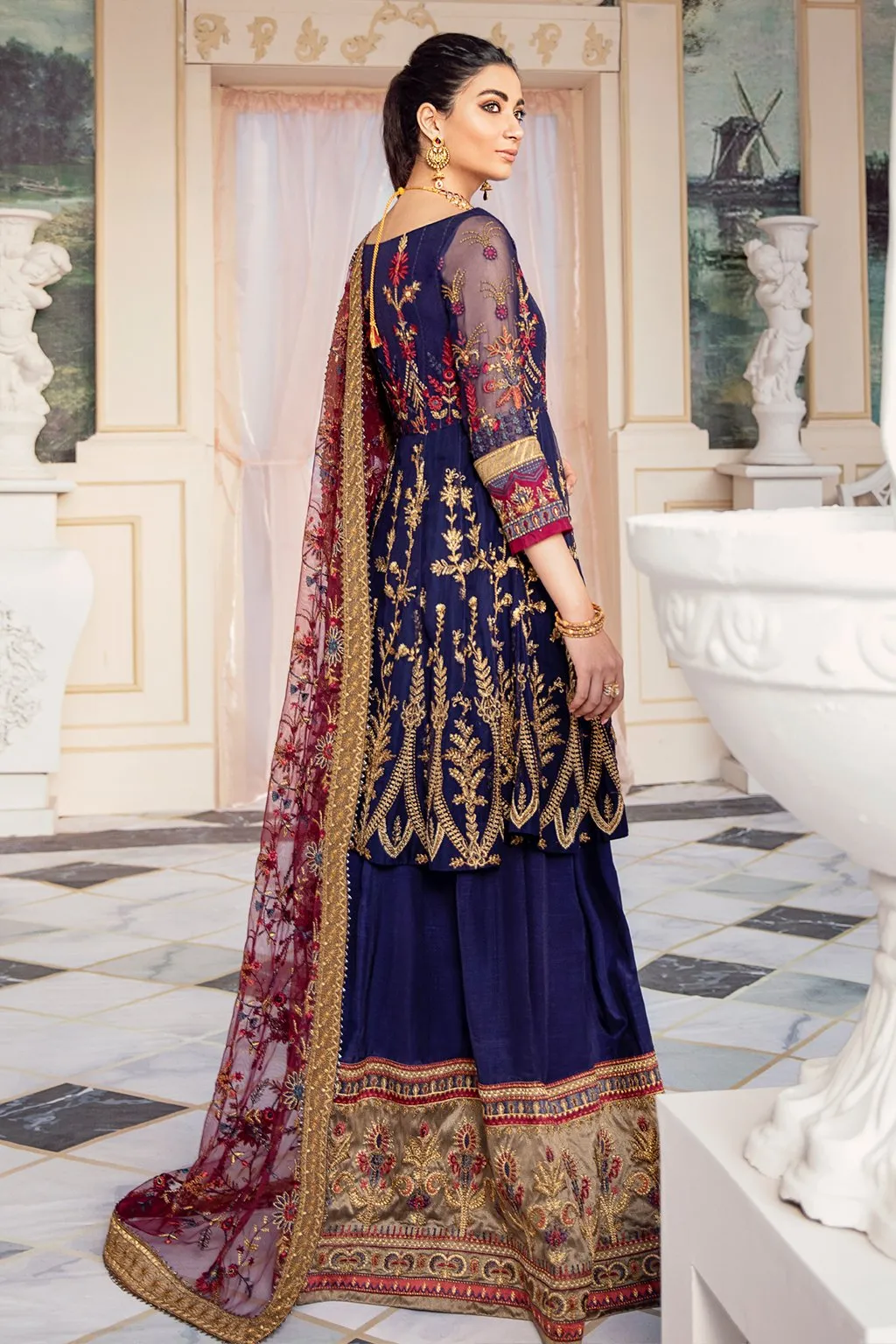 Embroidered Silk Party Outfit in Navy Blue Color #Y6096