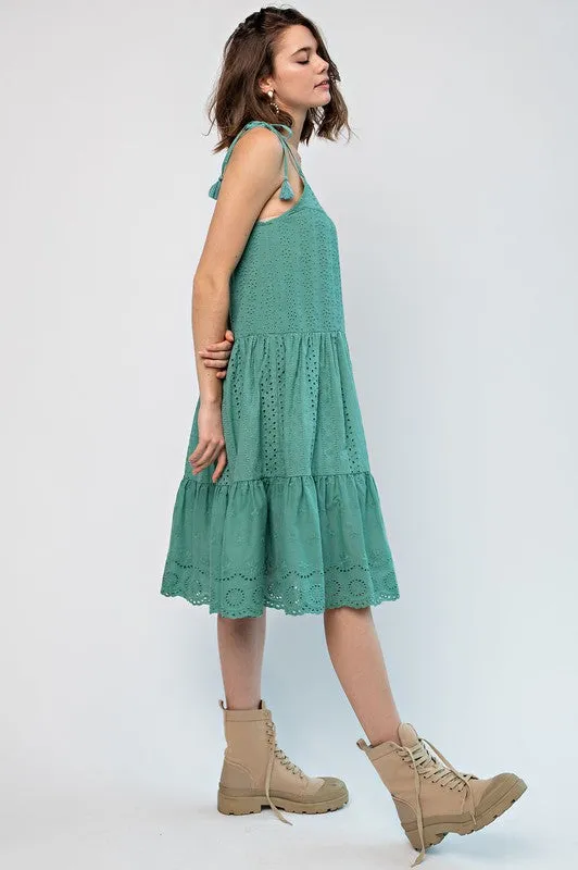 EMBROIDERED TRIM SMOCKED EYELET MAXI DRESS