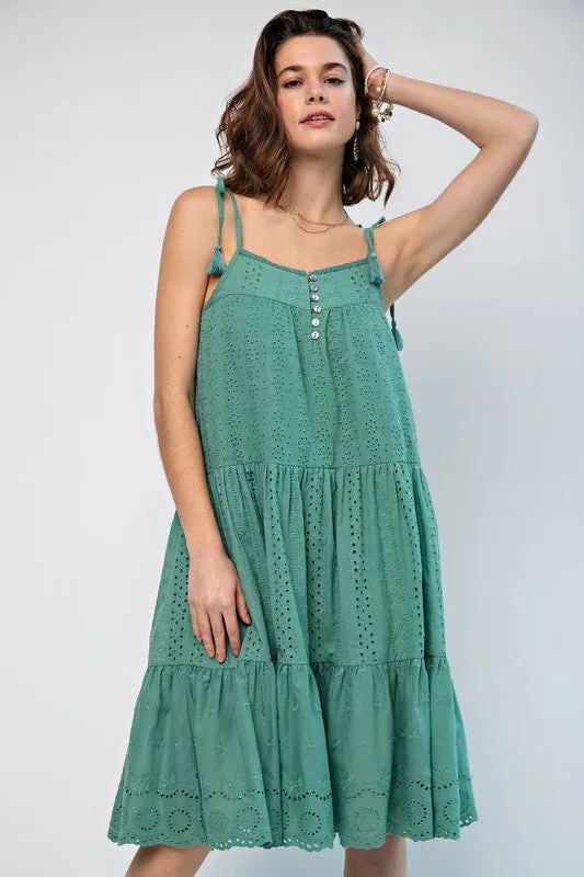 EMBROIDERED TRIM SMOCKED EYELET MAXI DRESS