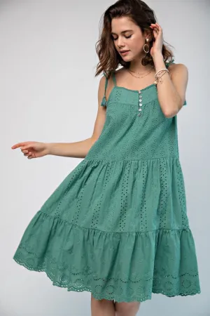 EMBROIDERED TRIM SMOCKED EYELET MAXI DRESS