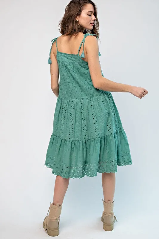 EMBROIDERED TRIM SMOCKED EYELET MAXI DRESS