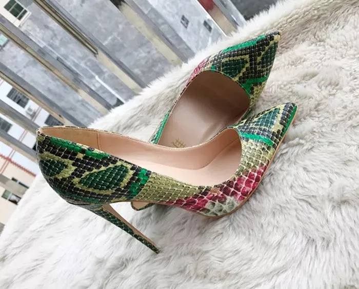 Fashion  green python leather Poined Toe Stiletto high heel shoe pump HIGH-HEELED SHOES dress shoes 12cm