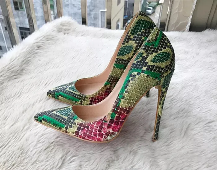 Fashion  green python leather Poined Toe Stiletto high heel shoe pump HIGH-HEELED SHOES dress shoes 12cm