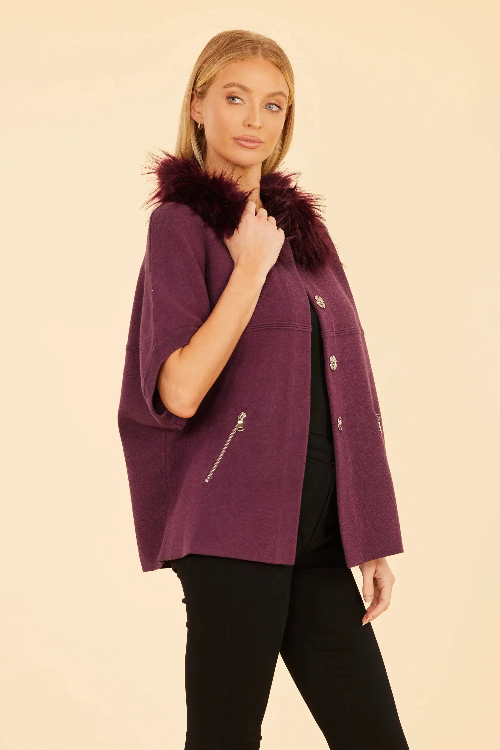 Faux Fur Trim Cardigan - Available in Ivory, Maroon and Pink