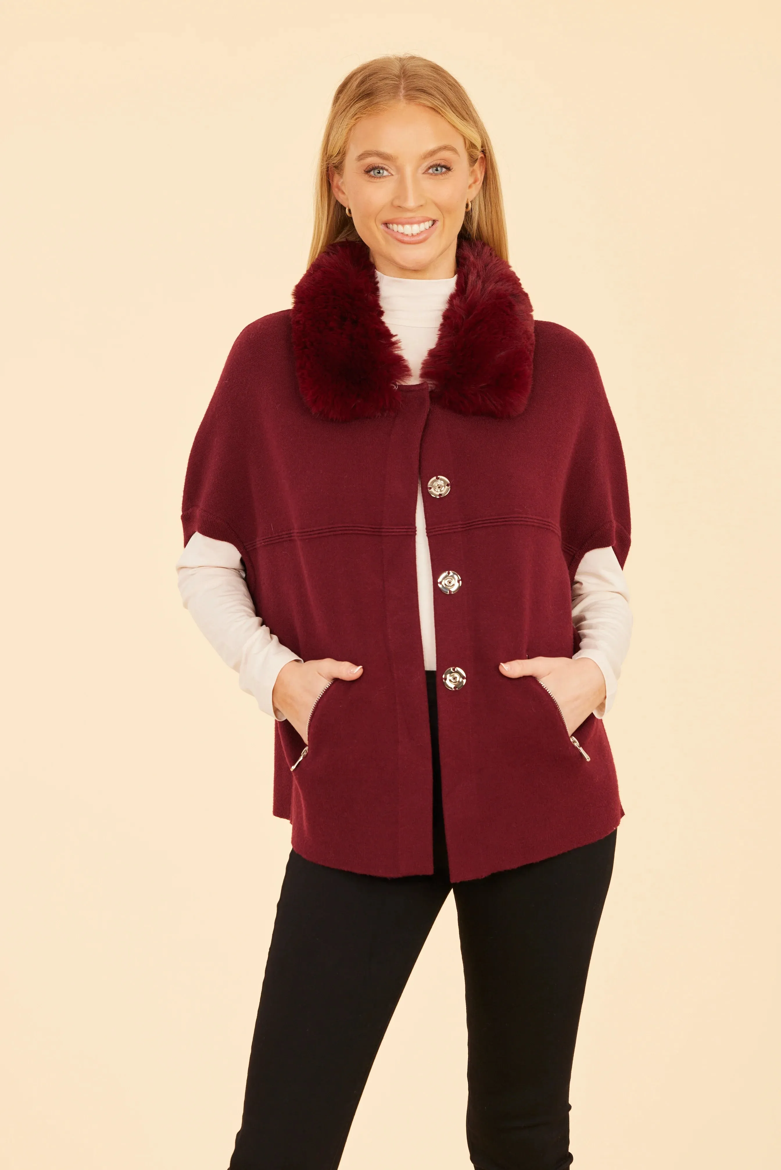 Faux Fur Trim Cardigan - Available in Ivory, Maroon and Pink