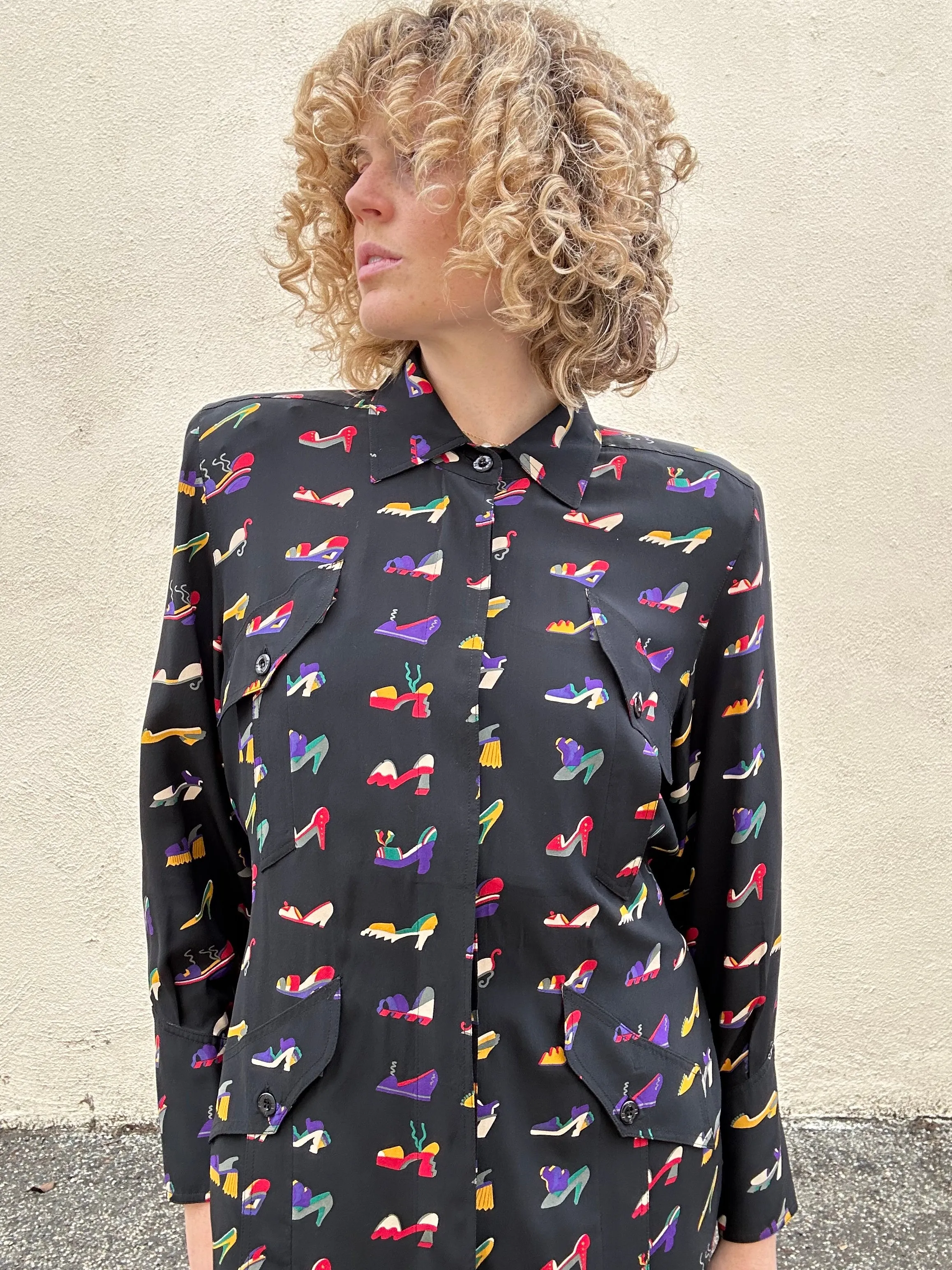 Fendi 365 Black Colorful Shoe Print Silk Blouse