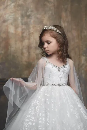 Floral Pattern White Dress with Cape for Flower Girls