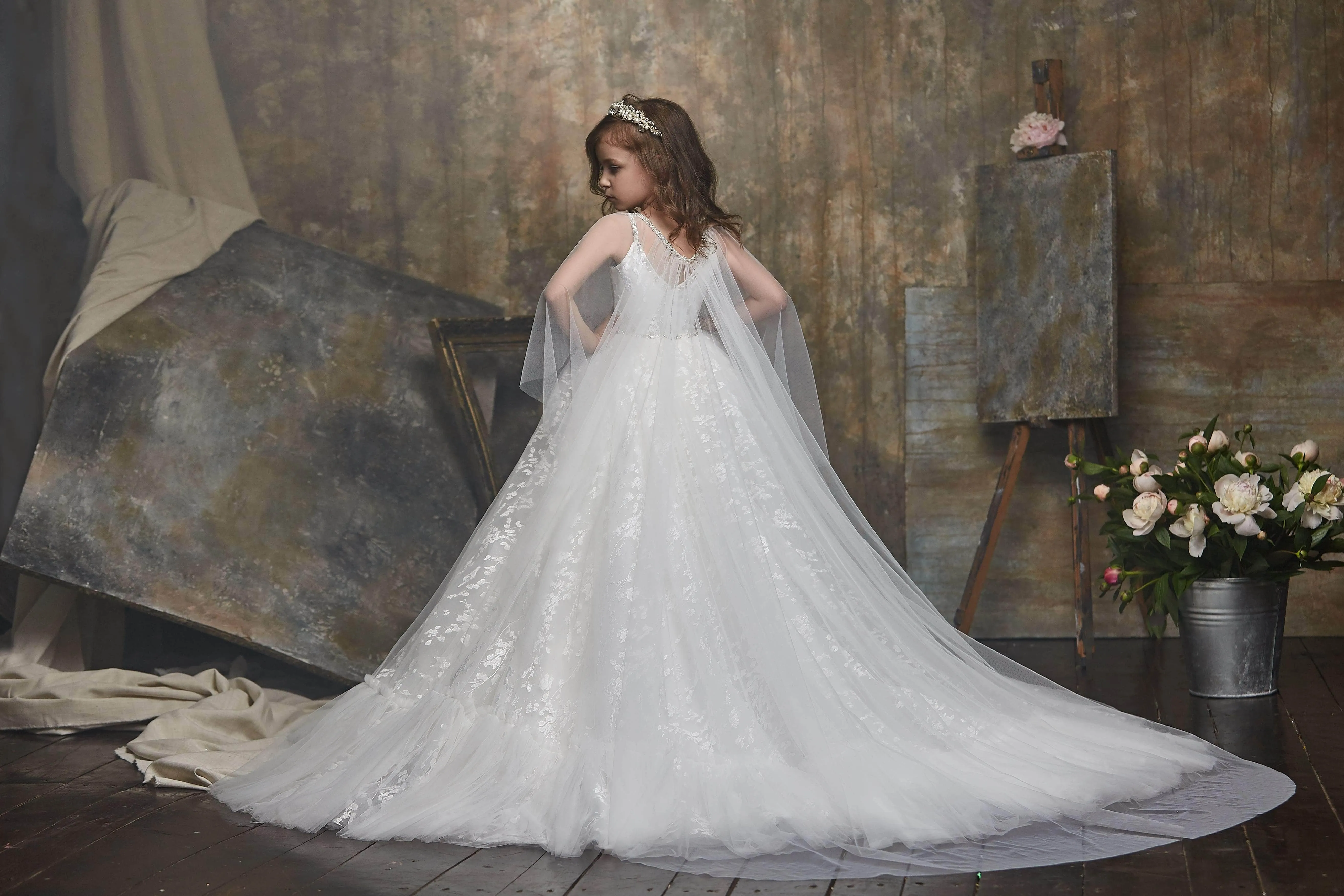 Floral Pattern White Dress with Cape for Flower Girls