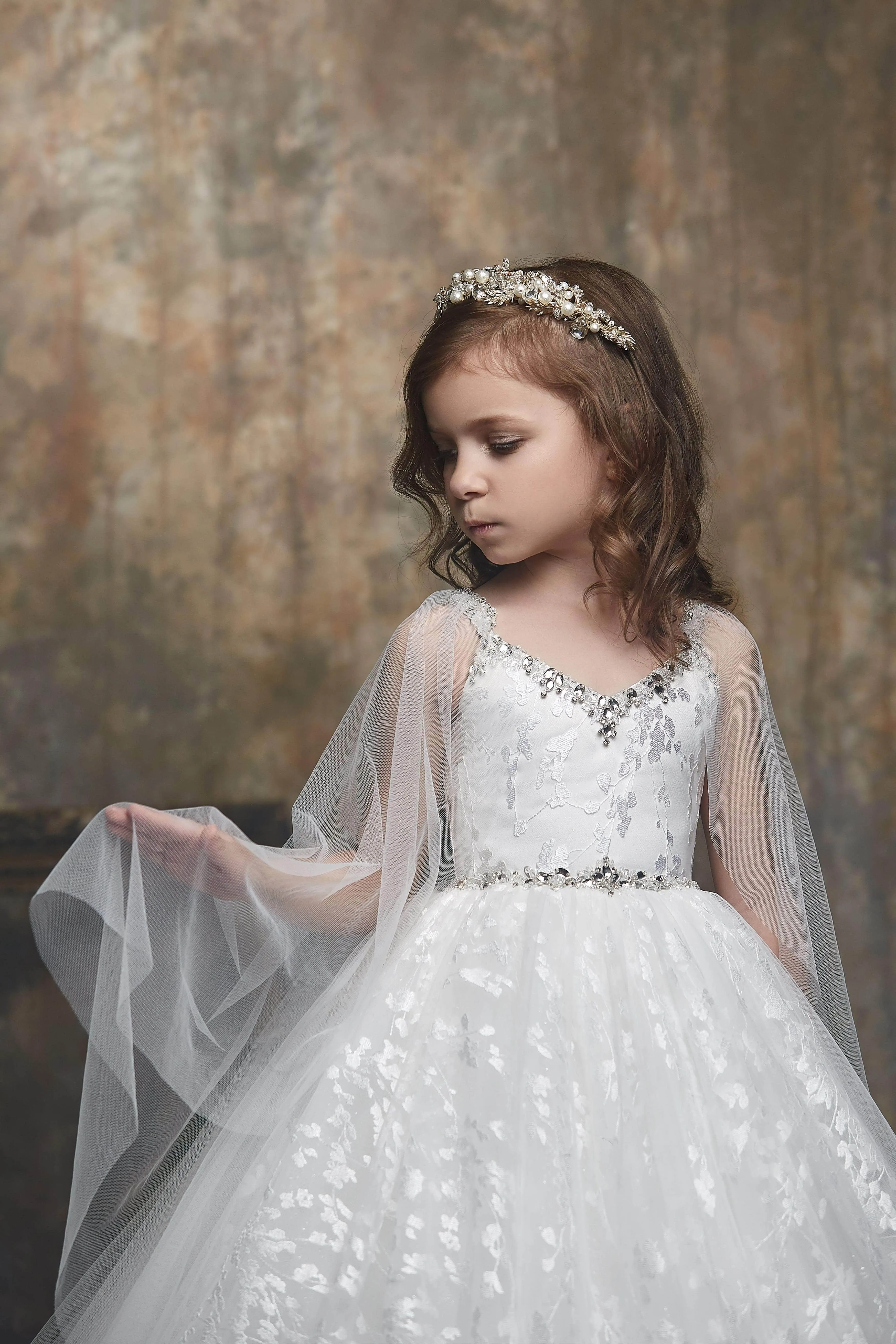 Floral Pattern White Dress with Cape for Flower Girls