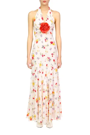 Floral Silk Satin Halter Dress With Silk Flower Pin