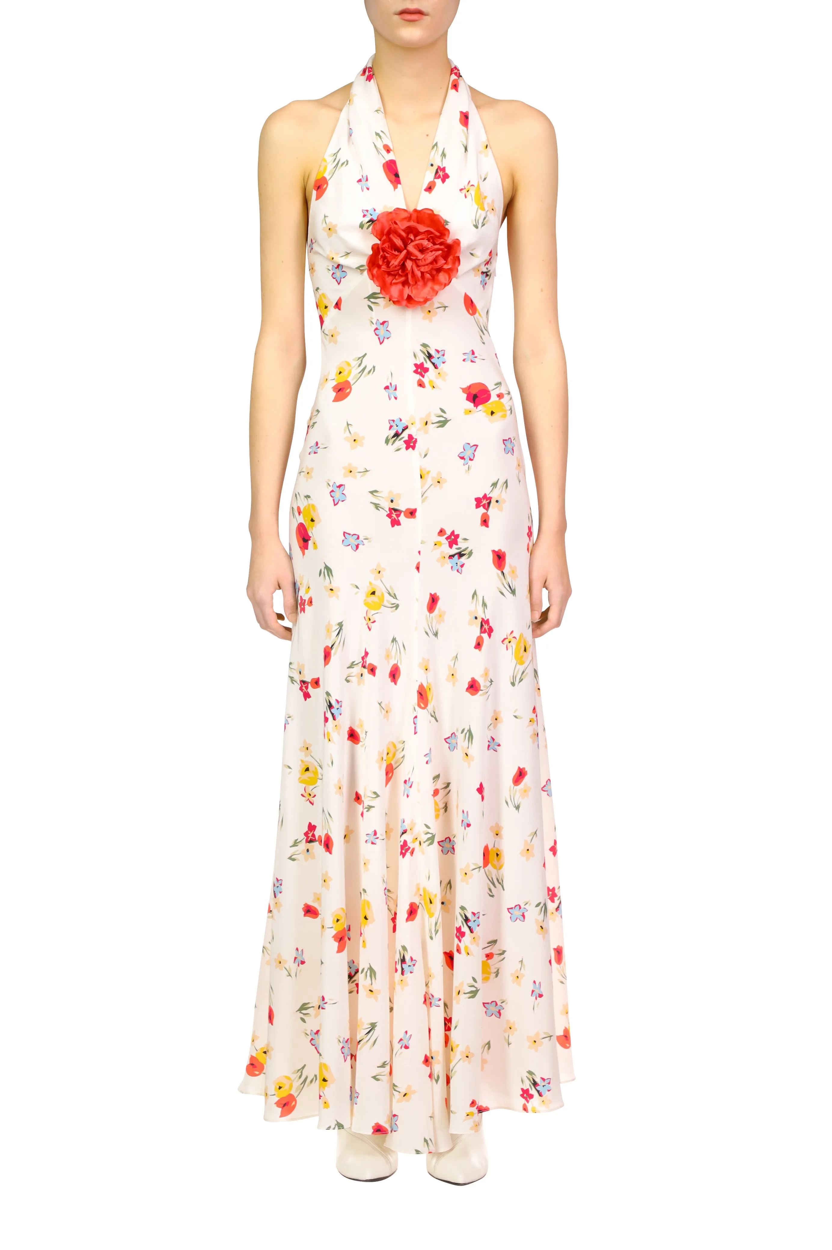 Floral Silk Satin Halter Dress With Silk Flower Pin