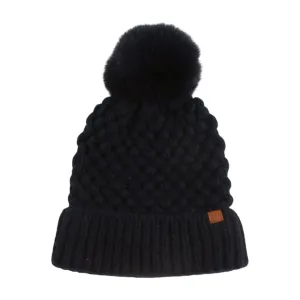 FSBB2332 - Popcorn knit Beanie with D&Y tab and Faux fur Pom.