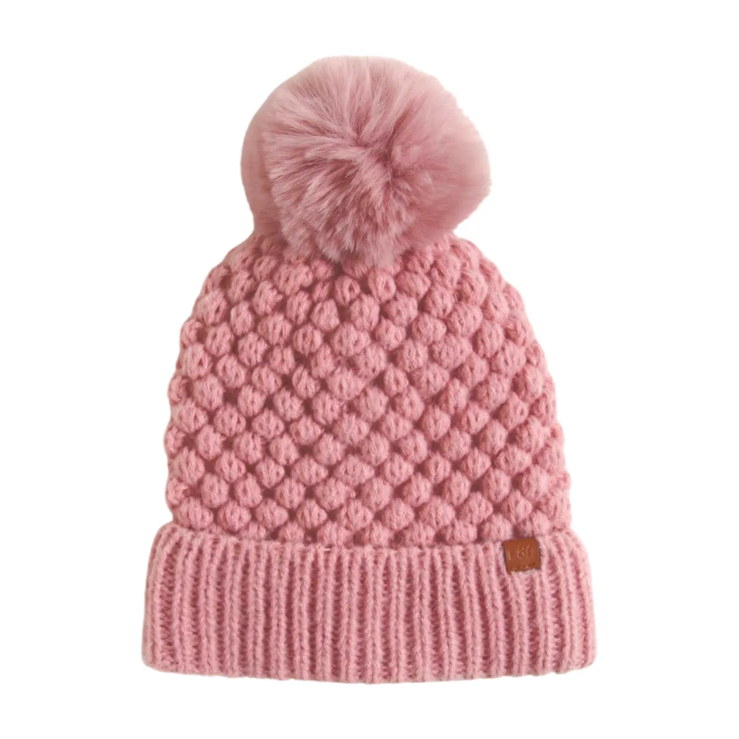 FSBB2332 - Popcorn knit Beanie with D&Y tab and Faux fur Pom.