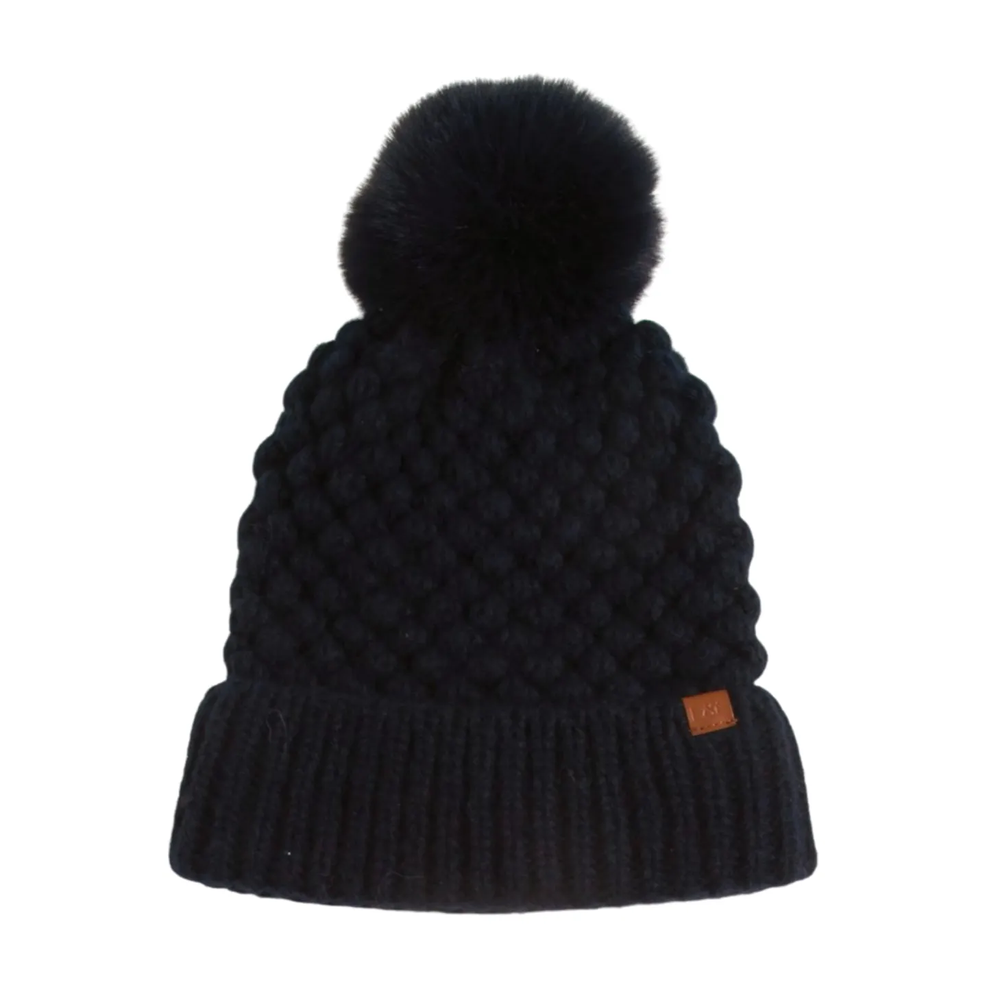 FSBB2332 - Popcorn knit Beanie with D&Y tab and Faux fur Pom.