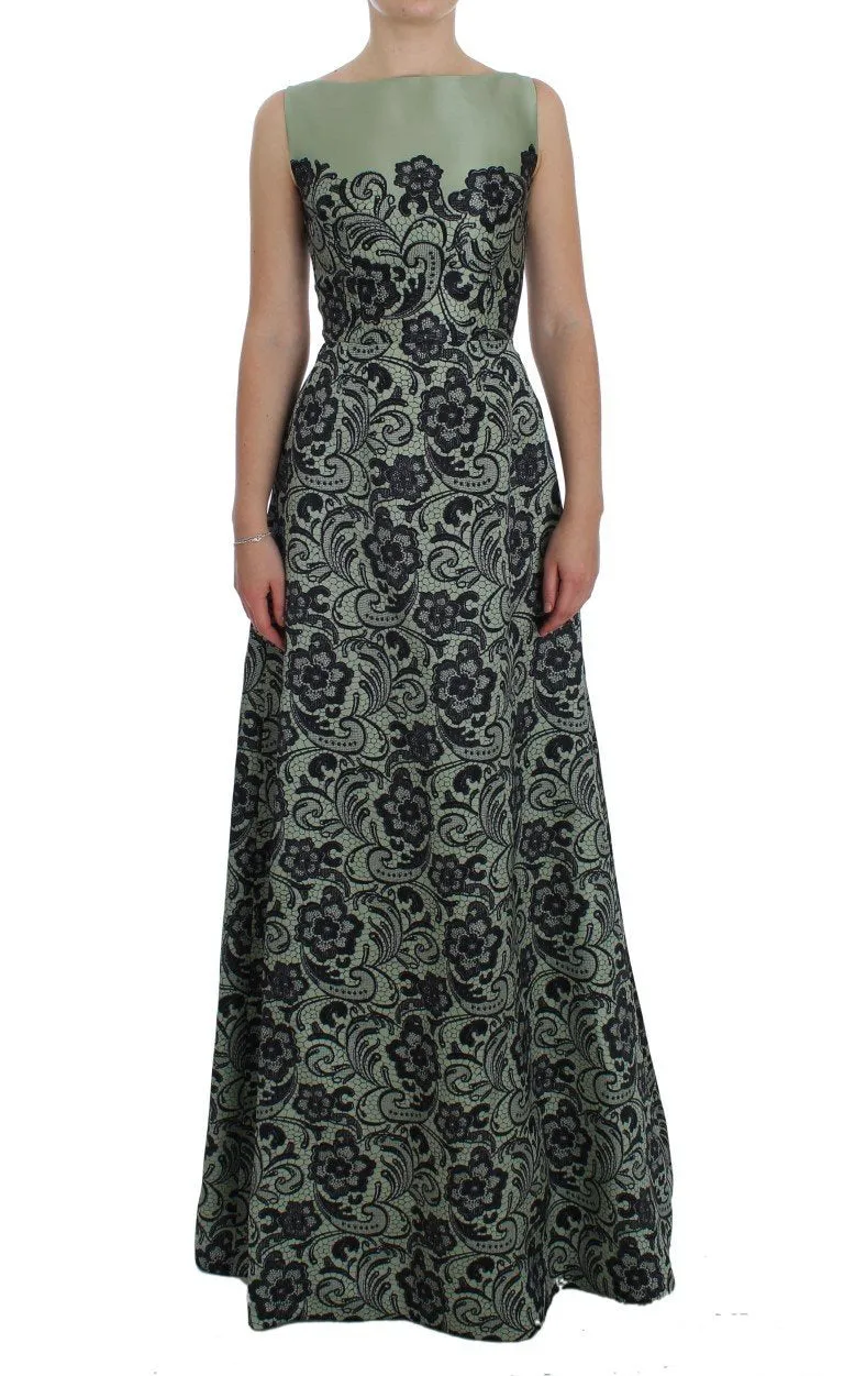 Green Floral Lace Silk Princess Maxi Dress