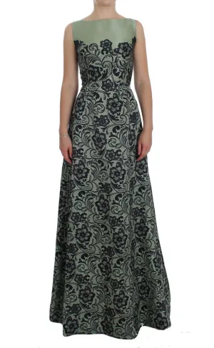 Green Floral Lace Silk Princess Maxi Dress