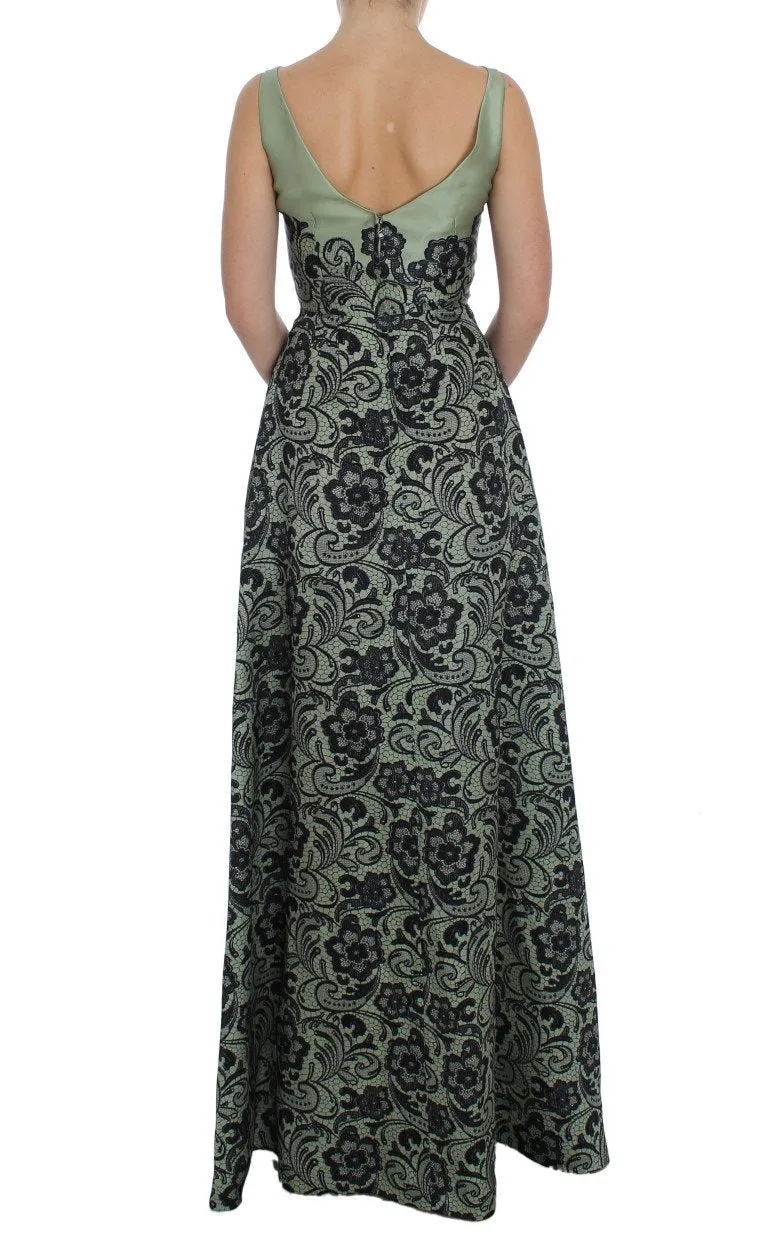 Green Floral Lace Silk Princess Maxi Dress