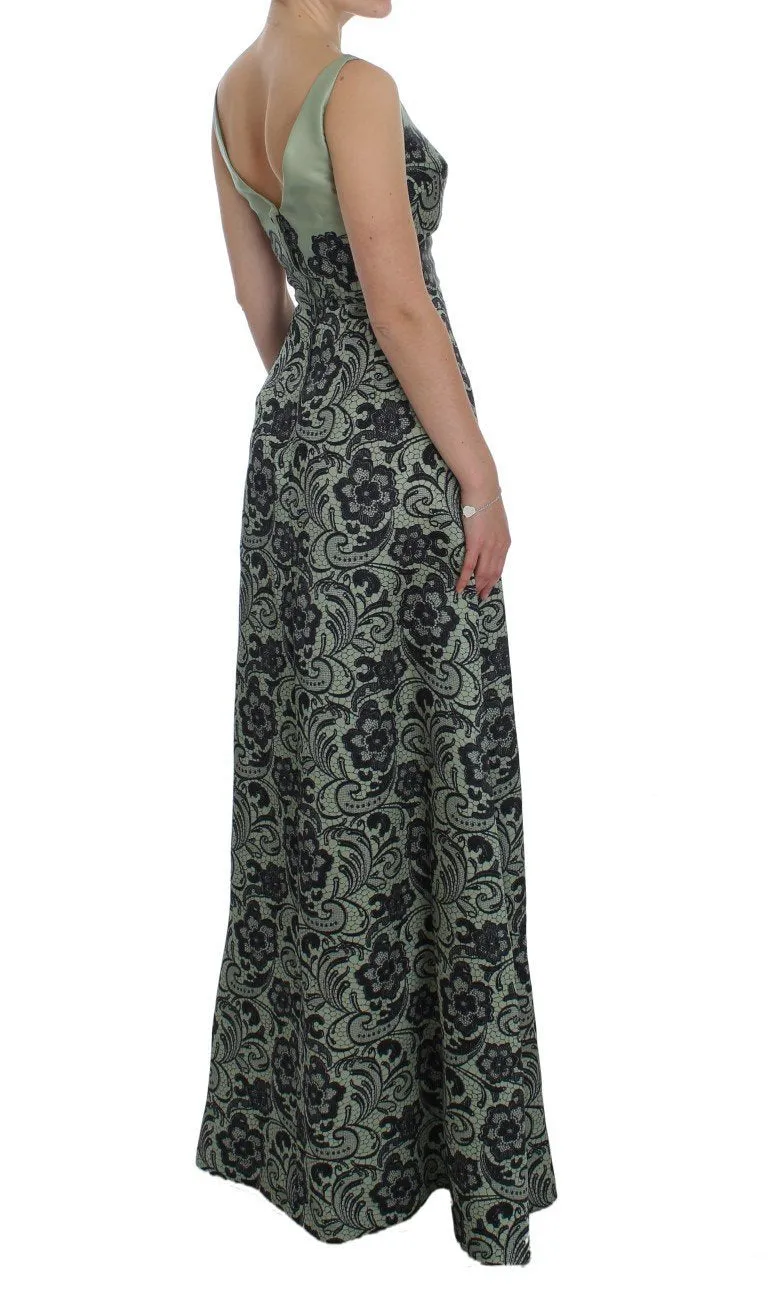Green Floral Lace Silk Princess Maxi Dress