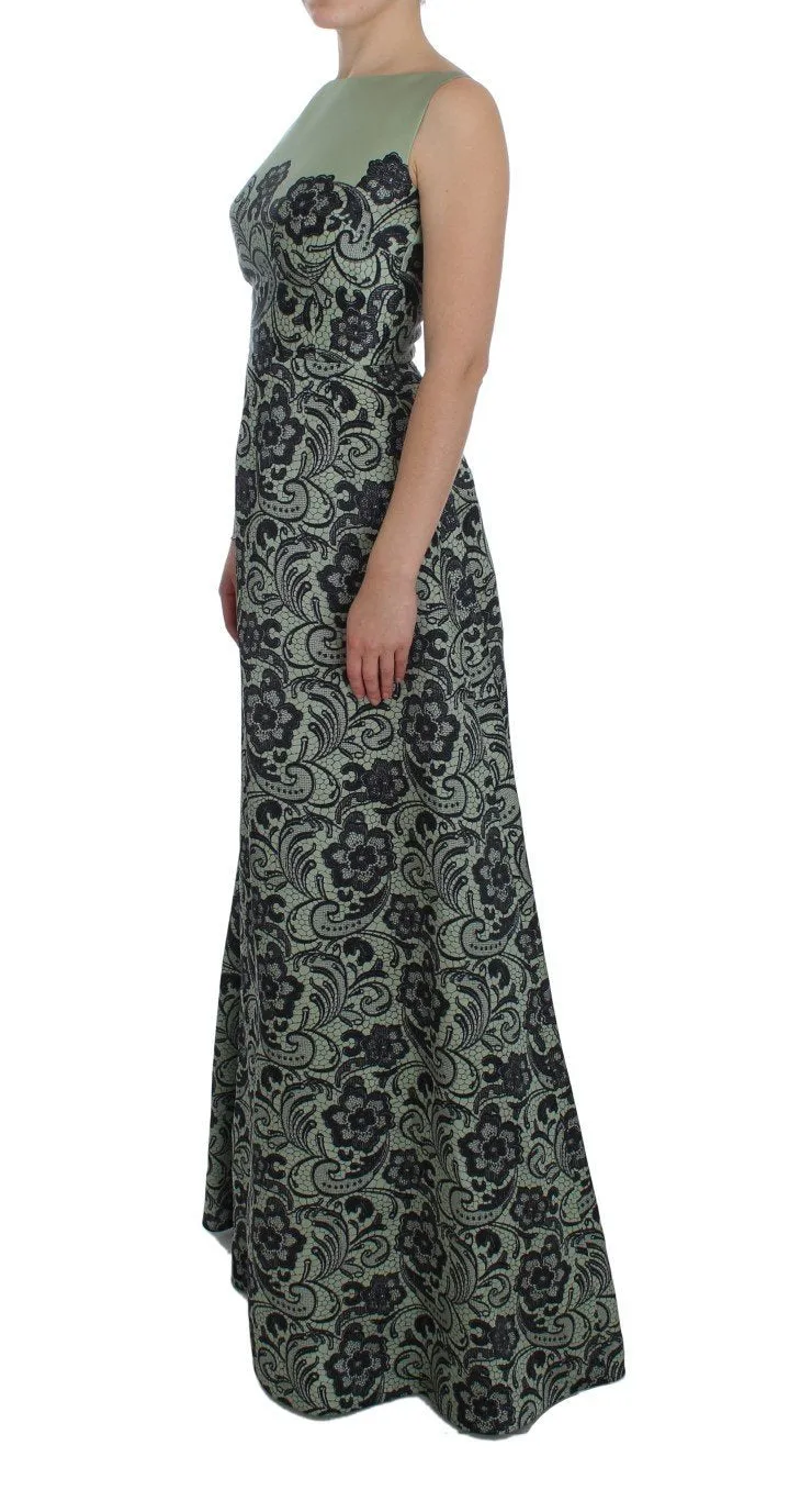 Green Floral Lace Silk Princess Maxi Dress