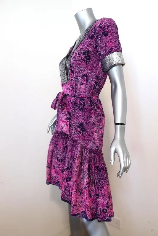 Gryphon Dress Gypset Sequin-Trim Pink Printed Silk Size Small Short Sleeve NEW