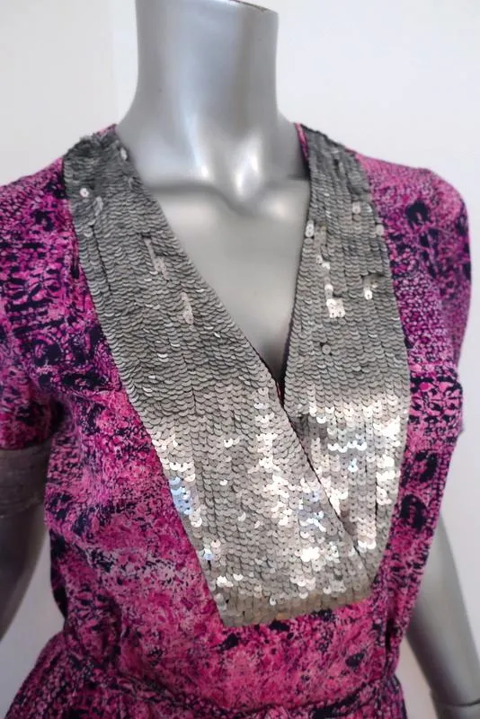 Gryphon Dress Gypset Sequin-Trim Pink Printed Silk Size Small Short Sleeve NEW