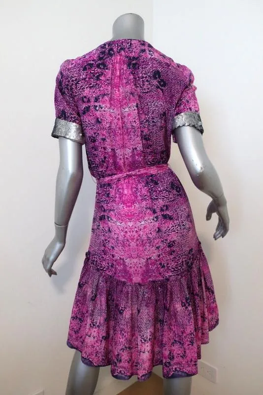 Gryphon Dress Gypset Sequin-Trim Pink Printed Silk Size Small Short Sleeve NEW