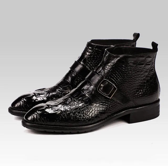 Handmade 2019 Hot Crocodile Pattern Mens Dress Boots Fashion Buckle Chelsea Ankle Genuine Leather Men Casual Boots