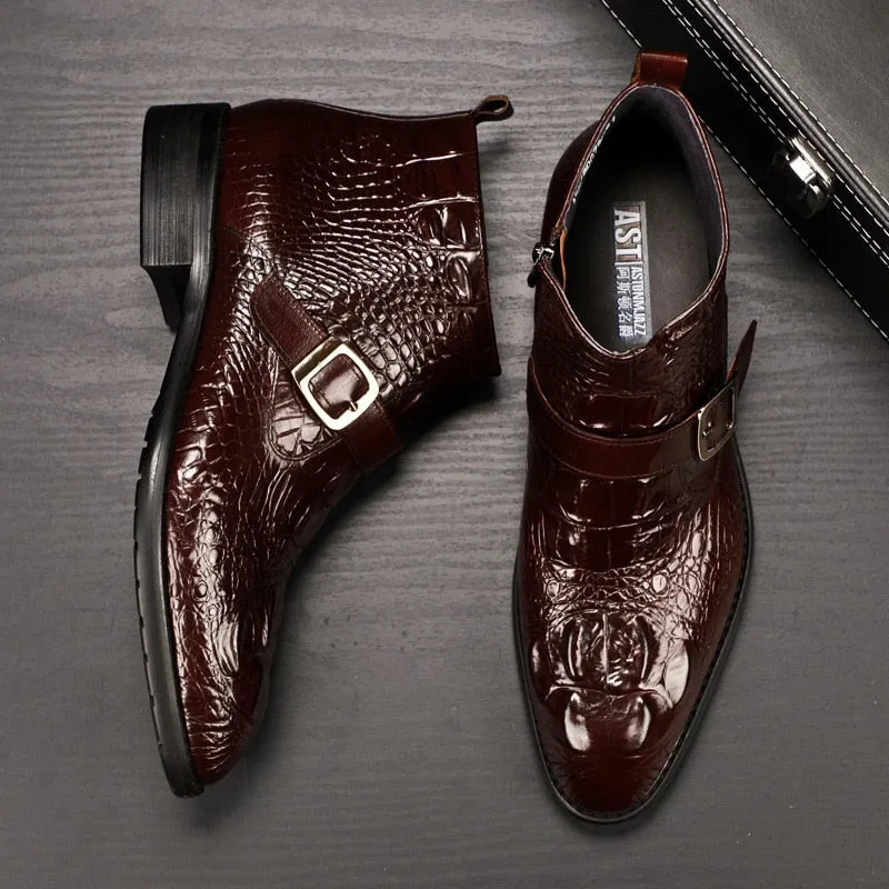 Handmade 2019 Hot Crocodile Pattern Mens Dress Boots Fashion Buckle Chelsea Ankle Genuine Leather Men Casual Boots