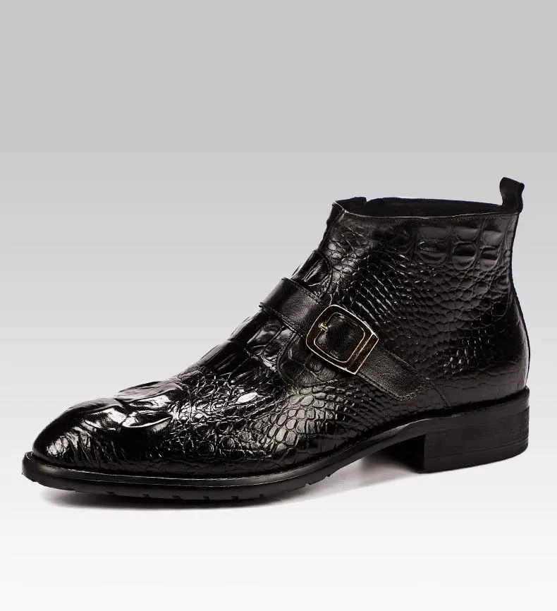 Handmade 2019 Hot Crocodile Pattern Mens Dress Boots Fashion Buckle Chelsea Ankle Genuine Leather Men Casual Boots