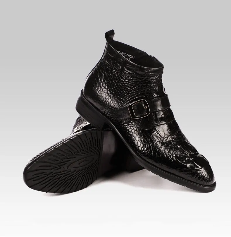 Handmade 2019 Hot Crocodile Pattern Mens Dress Boots Fashion Buckle Chelsea Ankle Genuine Leather Men Casual Boots