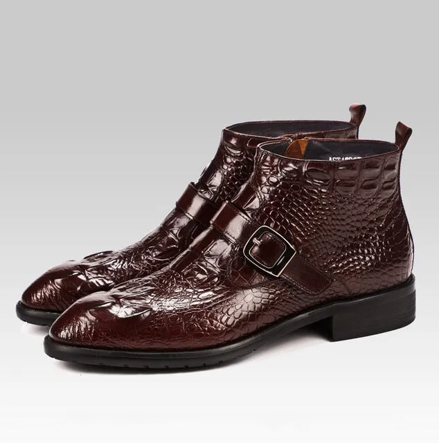 Handmade 2019 Hot Crocodile Pattern Mens Dress Boots Fashion Buckle Chelsea Ankle Genuine Leather Men Casual Boots