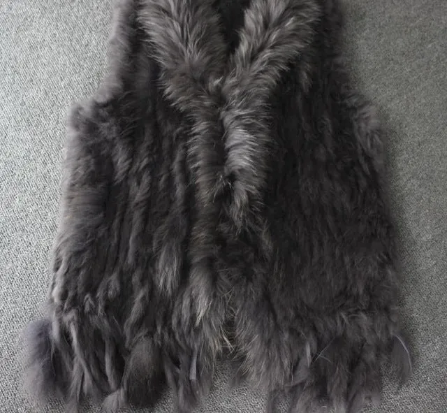 Harppihop fashion rabbit fur vest raccoon fur trimming knitted rabbit fur vest with hood fur waistcoat gilet