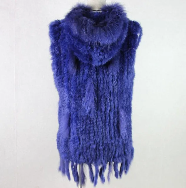 Harppihop fashion rabbit fur vest raccoon fur trimming knitted rabbit fur vest with hood fur waistcoat gilet