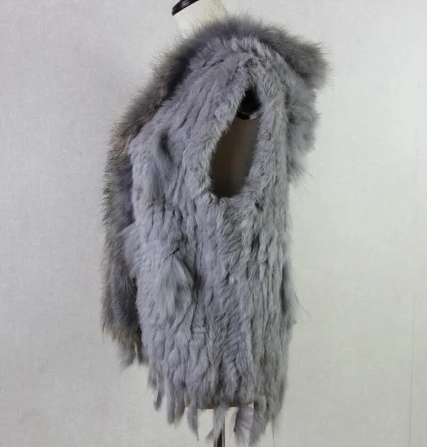Harppihop fashion rabbit fur vest raccoon fur trimming knitted rabbit fur vest with hood fur waistcoat gilet