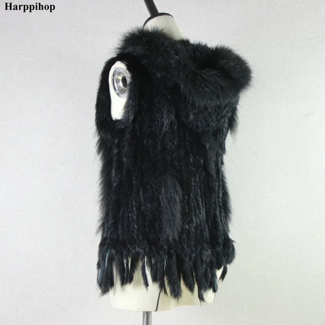 Harppihop fashion rabbit fur vest raccoon fur trimming knitted rabbit fur vest with hood fur waistcoat gilet