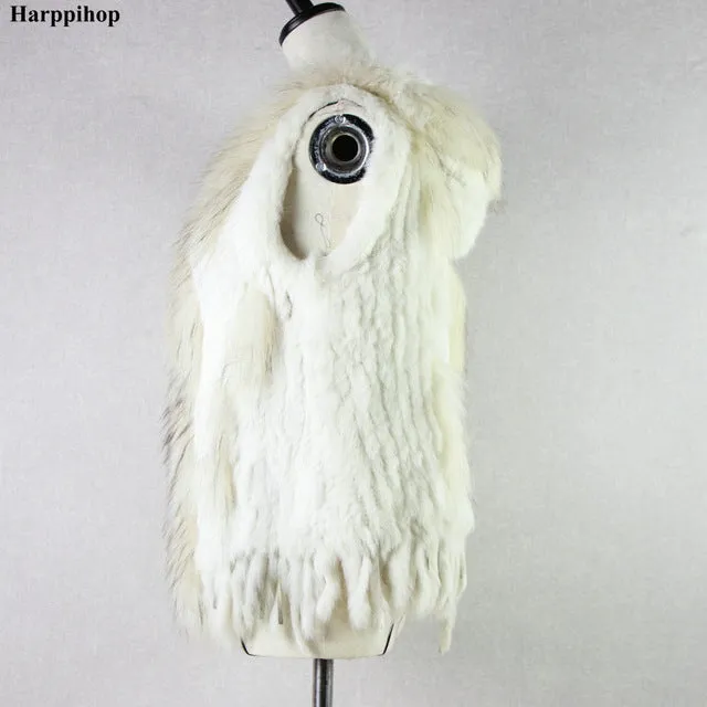 Harppihop fashion rabbit fur vest raccoon fur trimming knitted rabbit fur vest with hood fur waistcoat gilet