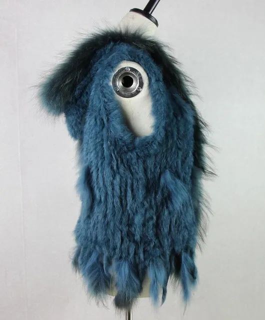 Harppihop fashion rabbit fur vest raccoon fur trimming knitted rabbit fur vest with hood fur waistcoat gilet