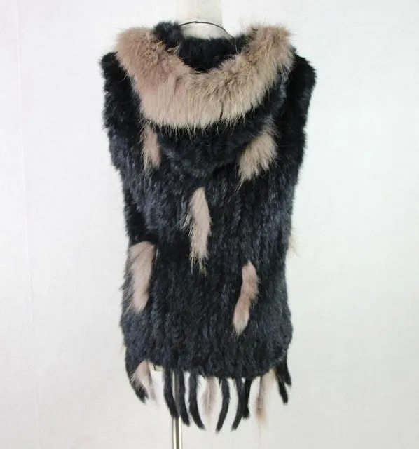 Harppihop fashion rabbit fur vest raccoon fur trimming knitted rabbit fur vest with hood fur waistcoat gilet