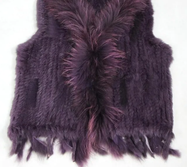 Harppihop fashion rabbit fur vest raccoon fur trimming knitted rabbit fur vest with hood fur waistcoat gilet