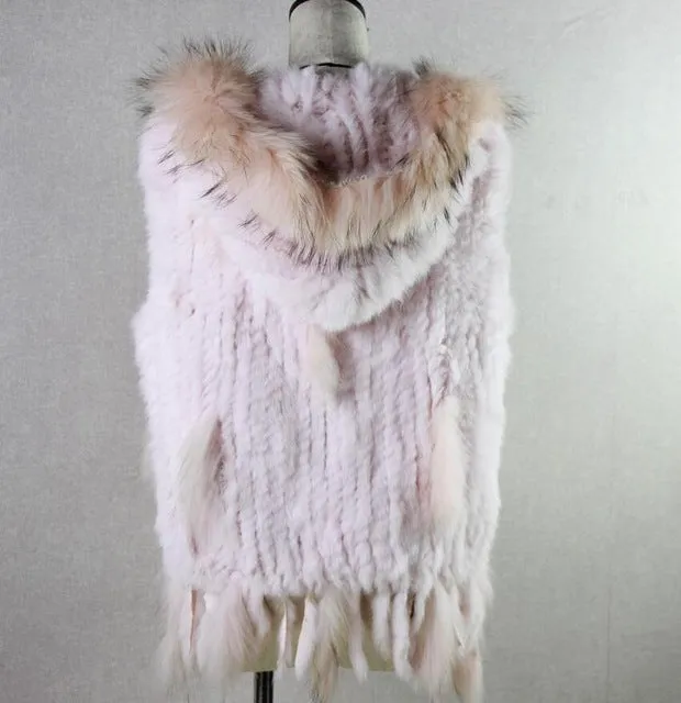 Harppihop fashion rabbit fur vest raccoon fur trimming knitted rabbit fur vest with hood fur waistcoat gilet
