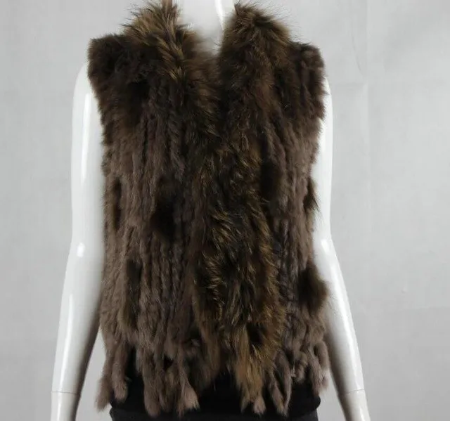 Harppihop fashion rabbit fur vest raccoon fur trimming knitted rabbit fur vest with hood fur waistcoat gilet
