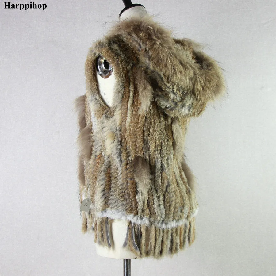 Harppihop fashion rabbit fur vest raccoon fur trimming knitted rabbit fur vest with hood fur waistcoat gilet