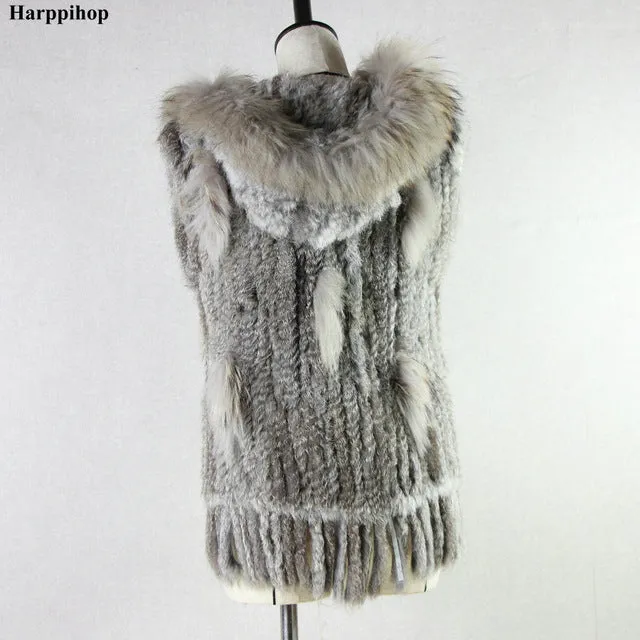 Harppihop fashion rabbit fur vest raccoon fur trimming knitted rabbit fur vest with hood fur waistcoat gilet