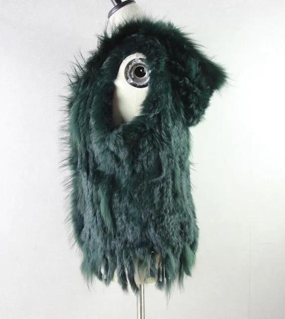 Harppihop fashion rabbit fur vest raccoon fur trimming knitted rabbit fur vest with hood fur waistcoat gilet