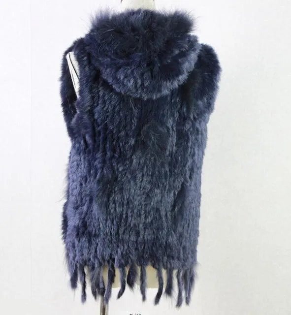 Harppihop fashion rabbit fur vest raccoon fur trimming knitted rabbit fur vest with hood fur waistcoat gilet