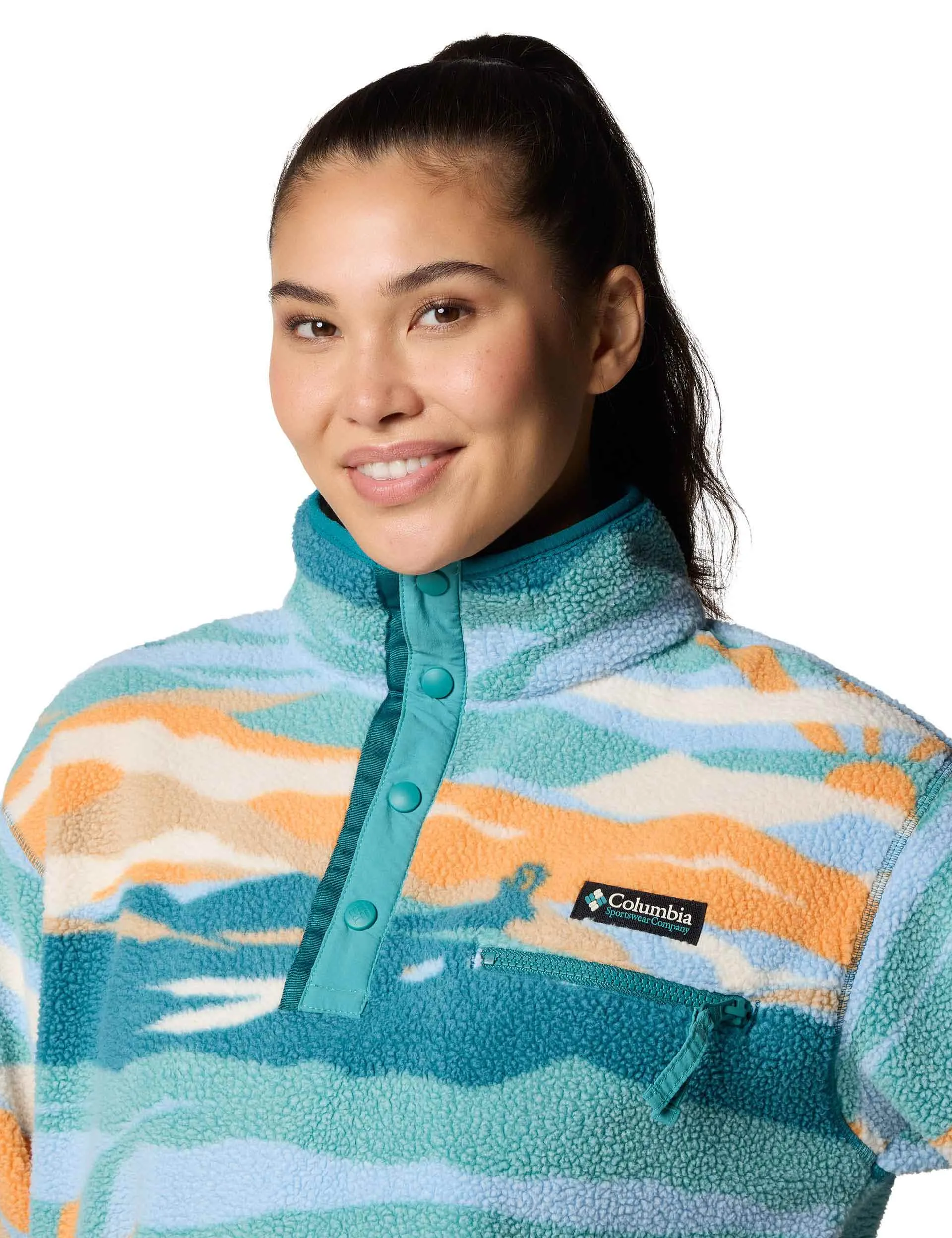 Helvetia II Cropped Sherpa Half Snap Printed Fleece - Teal Rogue Valley