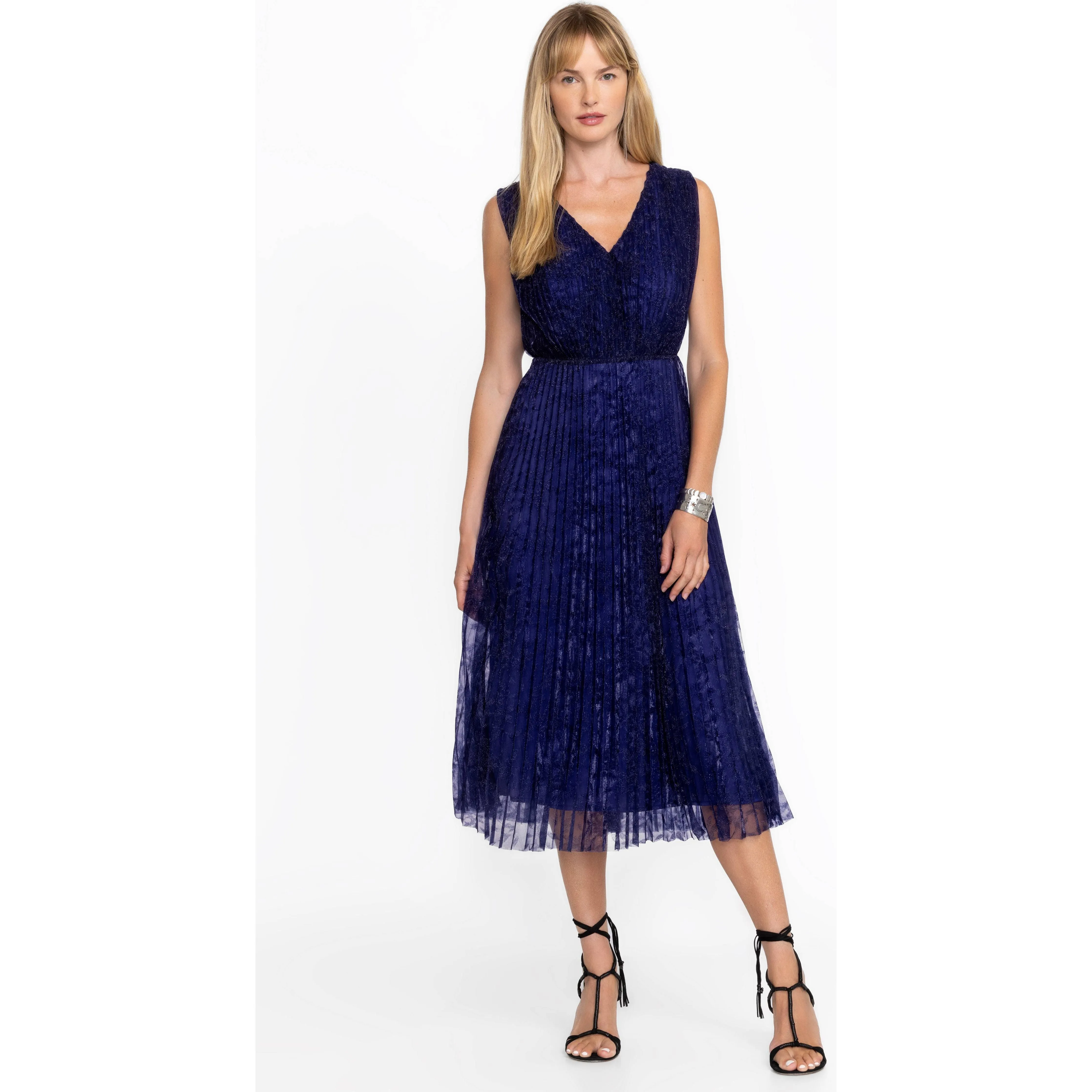 Johnny Was Clario Pleated Midi Dress in Electric Blue
