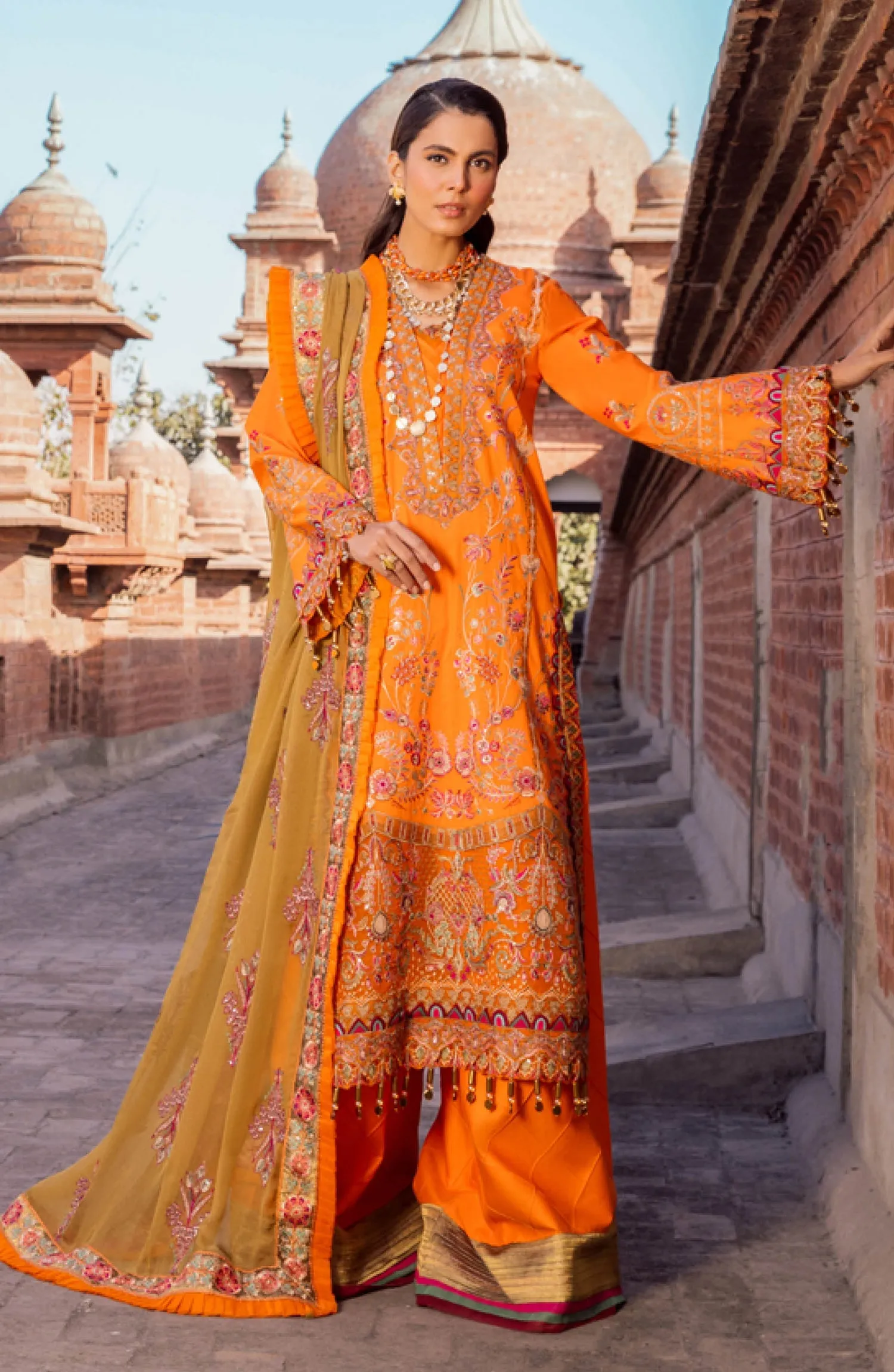 Kameez Trouser Dupatta Orange Dress Pakistani for Eid