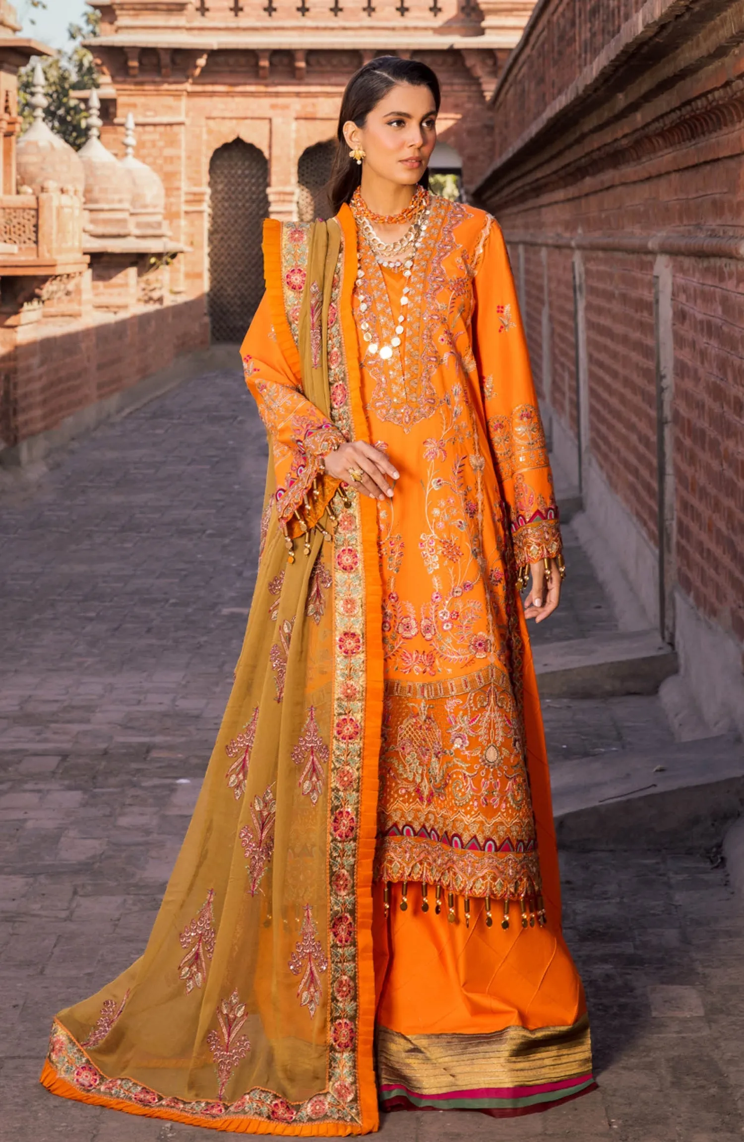 Kameez Trouser Dupatta Orange Dress Pakistani for Eid