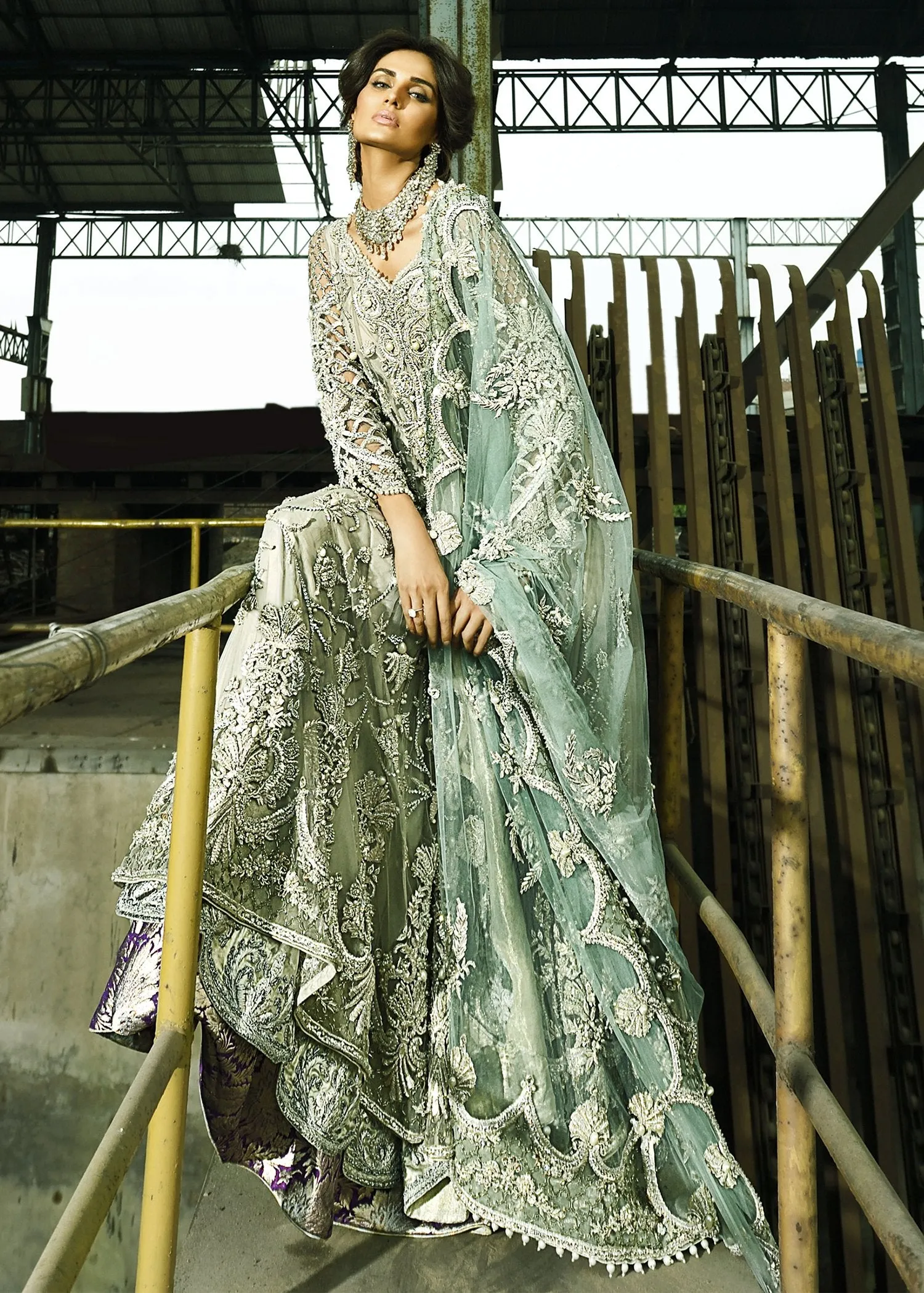 Latest bridal waleema dress for wedding wear in mint green color # B3399